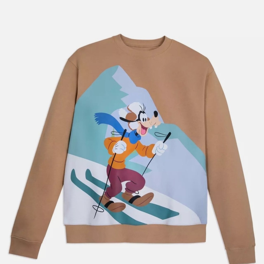 Unisex Disney Goofy Ski Holiday Crew Neck Pullover Sweater Fleece-Lined